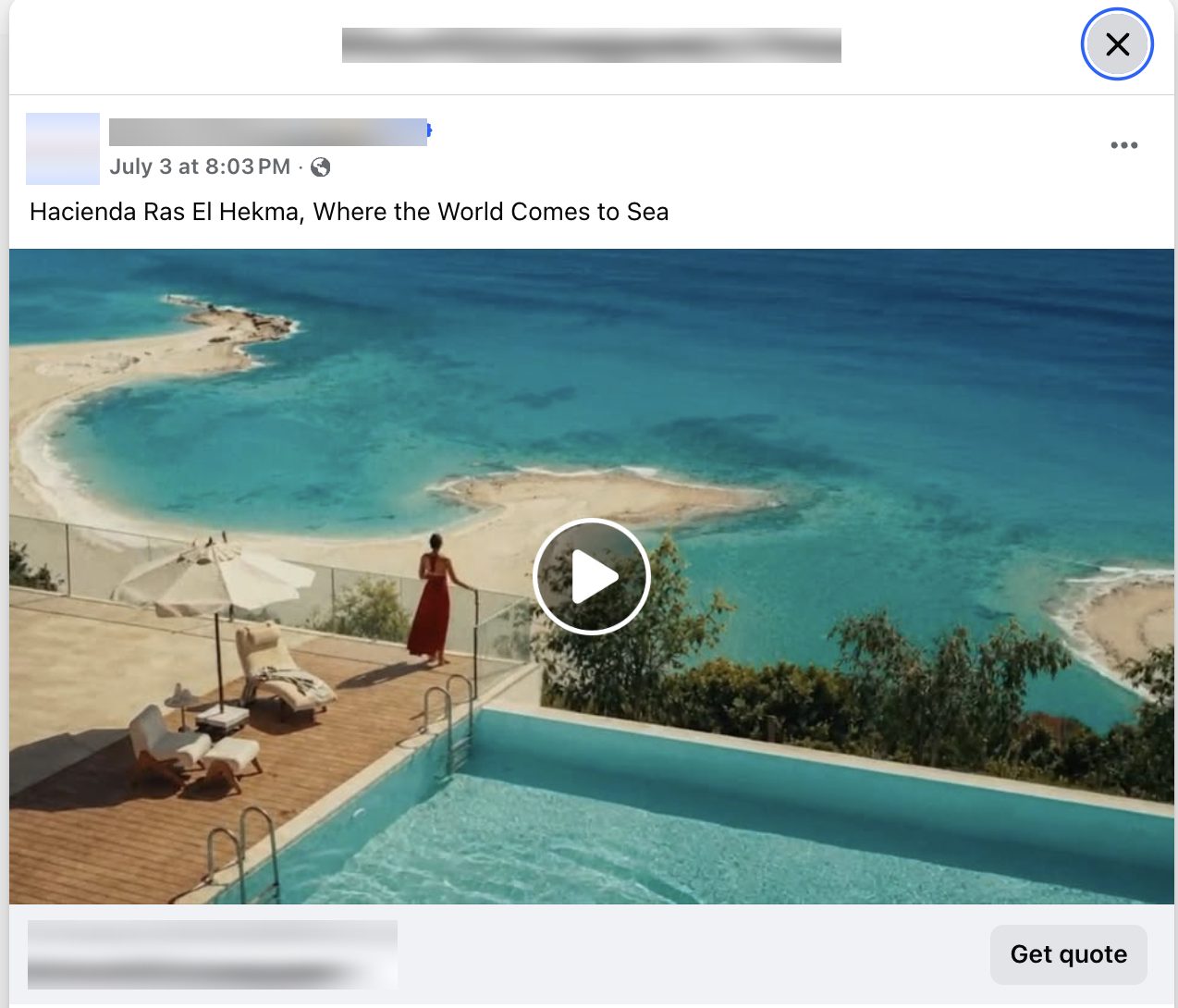 سكرين شوت لمنشور فيسبوك موثّق بتاريخ ٣ يوليو ٢٠٢٦ بعبارة Where the World Comes to Sea وزرار Get quote